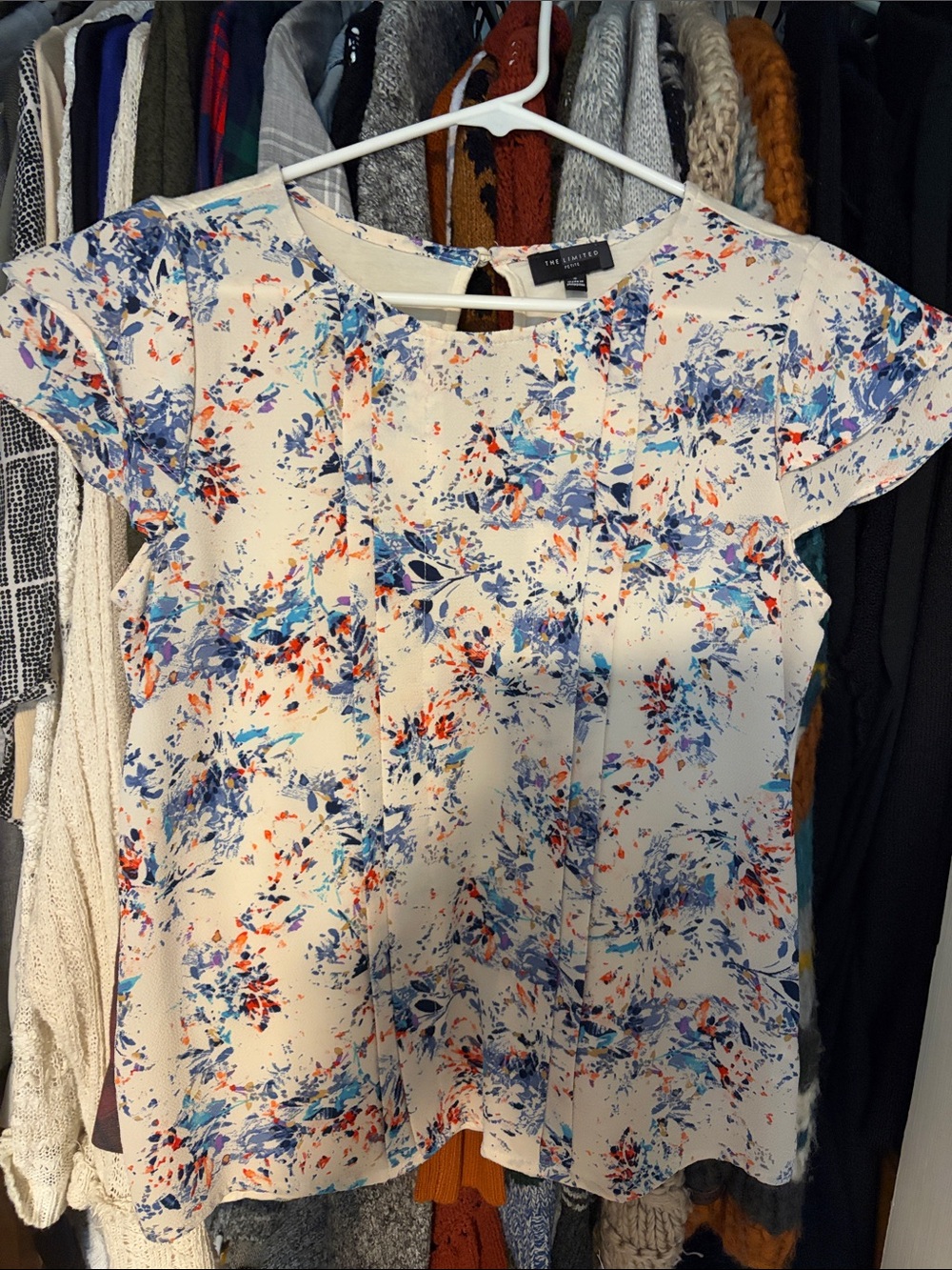 The Limited Cream Floral Blouse with Blue and Coral Accents